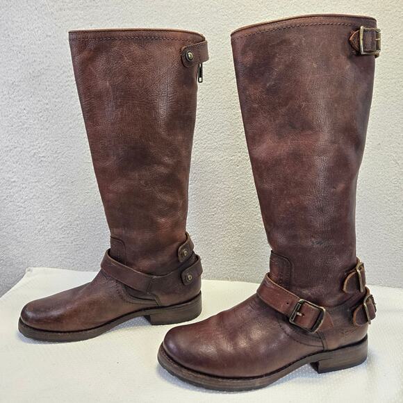 Frye Veronica Riding Boot Womens 7.5B Brown Leather Tall Zip Buckle Equestrian - Picture 1 of 15